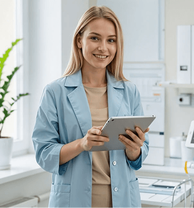 Ärztin bzw. Arzt mit digitalem Tablet